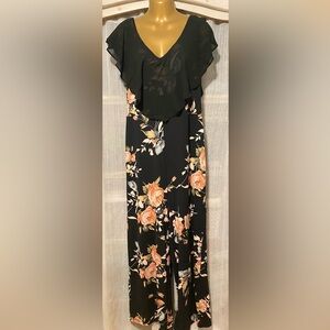 Black with Floral  Asymmetrical Ruffled Wide Leg Jumpsuit